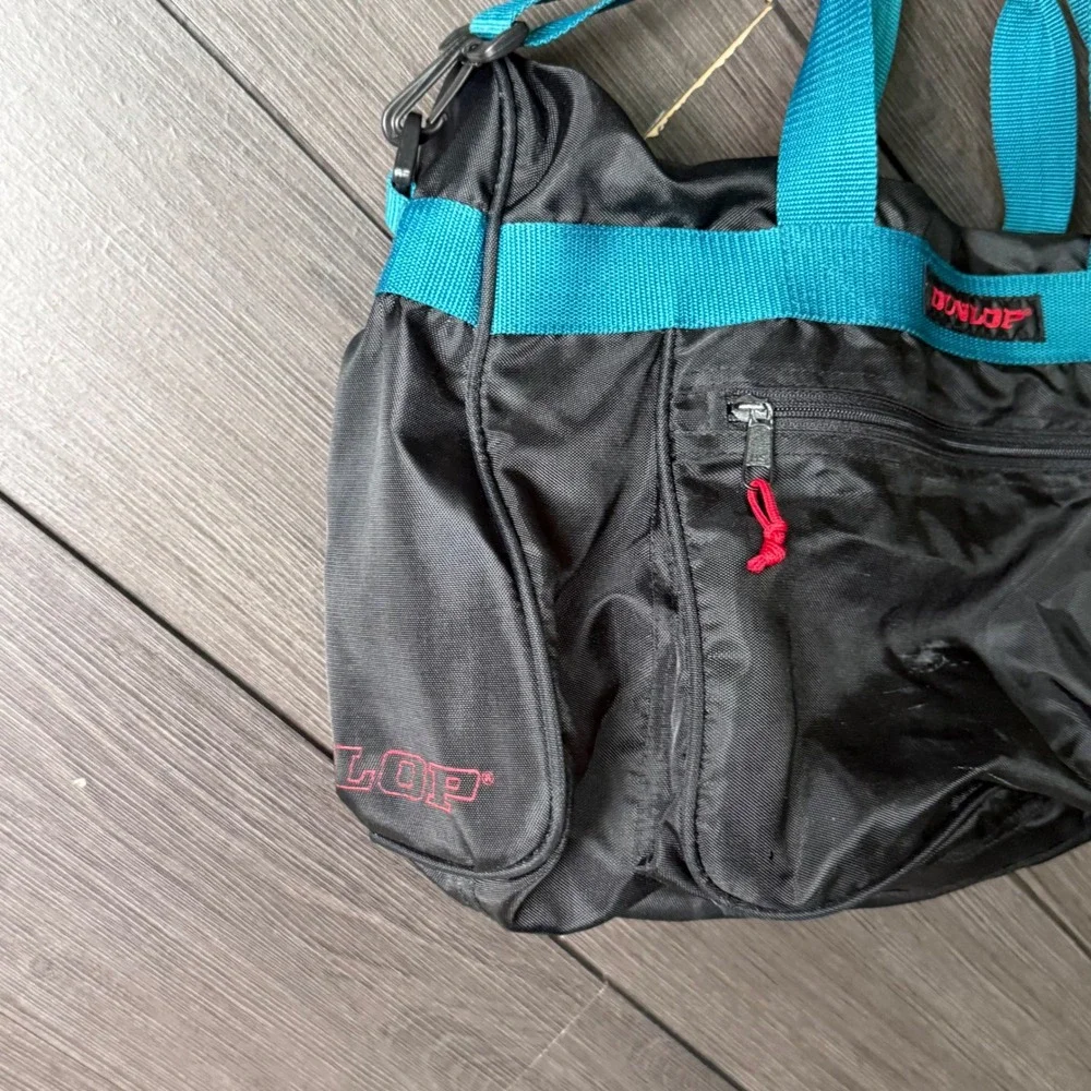 Vintage Dunlop Black Teal Nylon Duffel Gym Travel Bag Shoulder Strap 90s